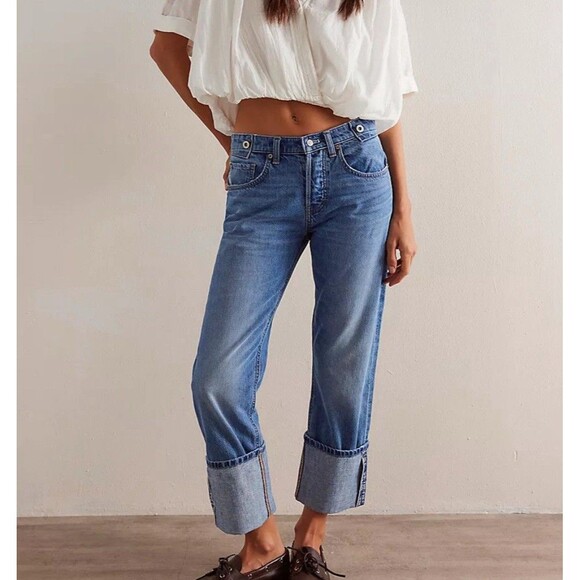 We the Free Slade Slim Selvedge Jeans Womens Sz 28 Cropped Cuffed New - Picture 2 of 10